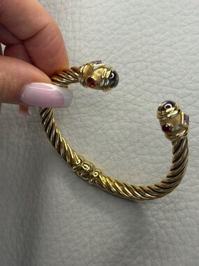 Vintage 14K Yellow Gold Twisted Cable Cuff Bracelet with Gemstones (6.5")